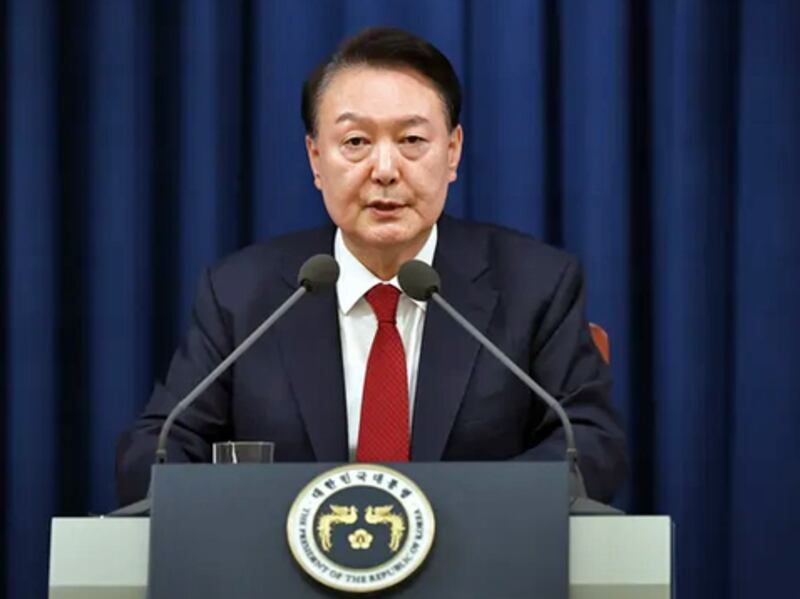 President Yoon Seok-Yeol declares martial law in a special emergency address to the nation at the presidential office building in Yongsan, Seoul, Dec. 3, 2024.