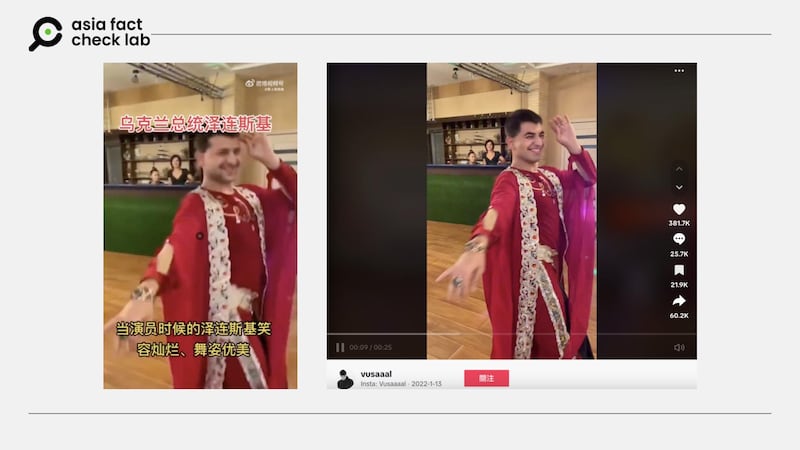 The purported clip of Zelenskyy dancing  (left) is nearly identical to an older video posted on  TikTok in 2022 (right).