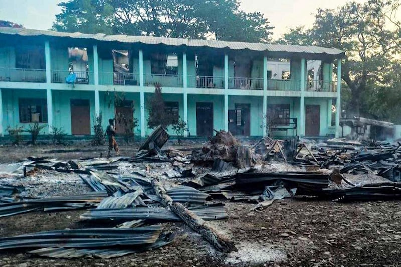 The No. 8 Basic Education High School in Kalay, Sagaing region, was burned down in an attack by Myanmar junta forces, May 29, 2022. Credit: Citizen journalist