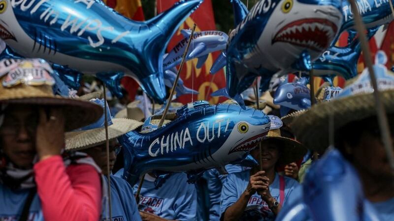 Protesters in Manila call on China to leave the West Philippines Sea (WPS), the Philippines' name for the South China Sea, in this file photo dated July 22, 2019.