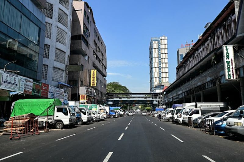 The 'Silent Strike' marking the third anniversary of the Myanmar military coup leaves a street in Yangon nearly empty, Feb. 1, 2024. (AFP)