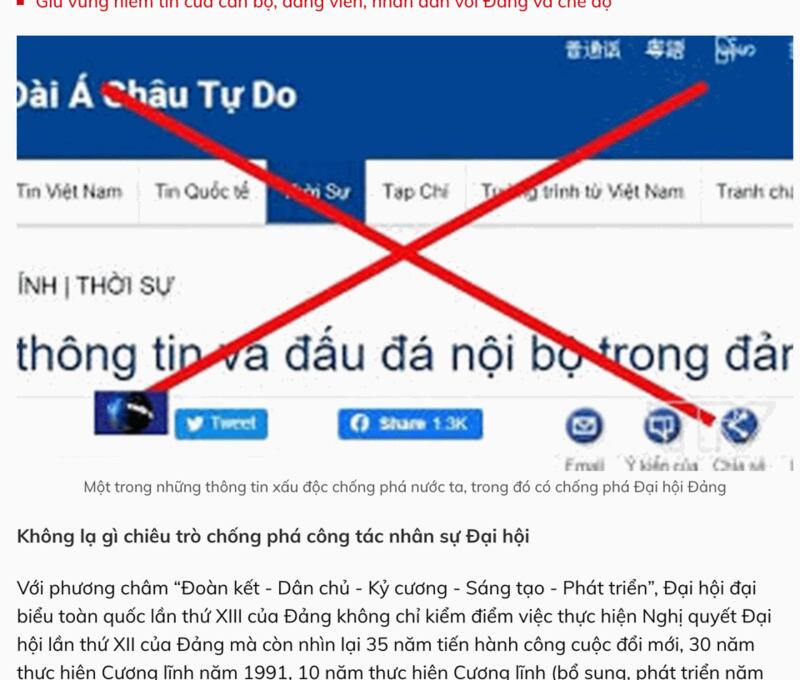 Hình chụp một phần bài báo trên An Ninh Thủ Đô có trang web của RFA bị gạch chéo đỏ