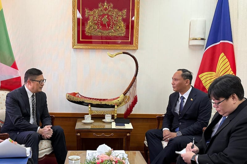 Hong Kong Secretary for Security Chris Tang, left, meets with the Consul-General of Myanmar in Hong Kong, Han Win Naing, second right, Jan. 17, 2025.