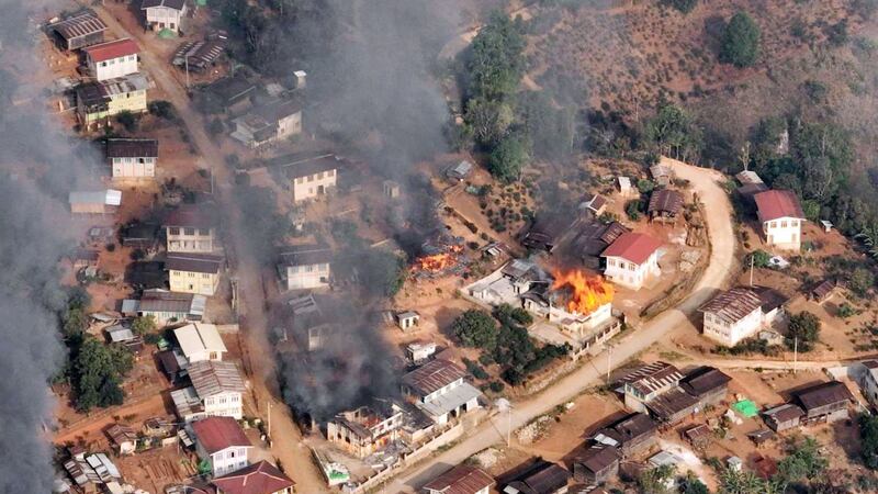 A monastery and residential homes burn in Nam Neint village, Pinlaung township on March 11, 2023, following a raid by Myanmar junta forces. Credit: Inn Sar Kuu