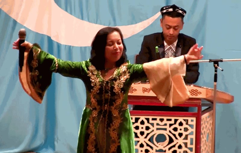 Singer Rahima Mahmut sings a Uyghur song in an undated photo. Photo courtesy of Rahima Mahmut