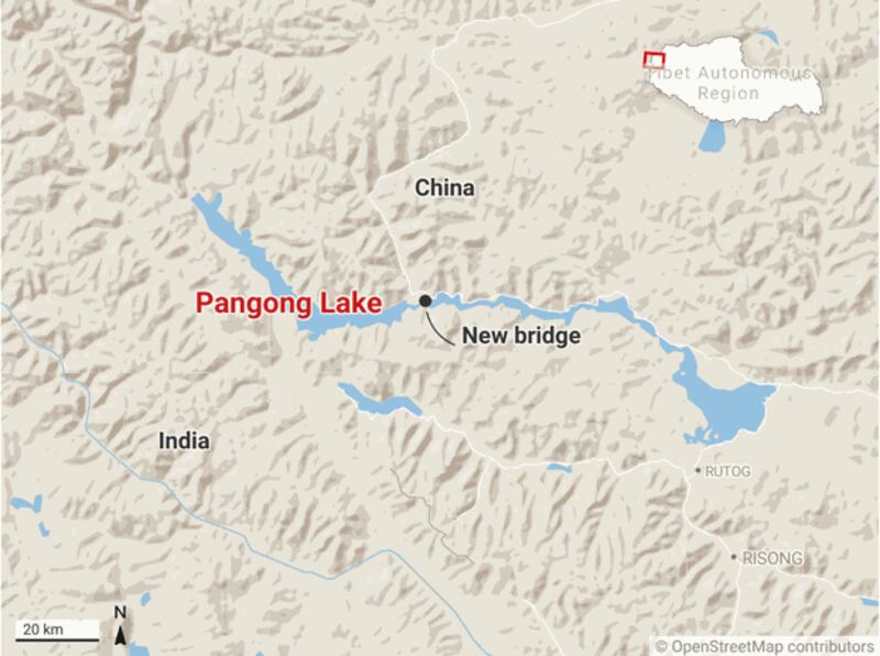 A black dot marks the site of the new bridge over Pangong Lake on the border with India and China. Credit: RFA graphic/Datawrapper