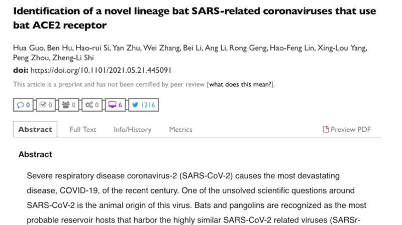 5月21日，石正麗及其團隊在預印本網站BioRxiv上提交論文，否認病毒來自實驗室（BioRxiv網站截圖）