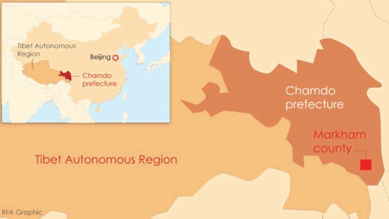 A map showing the location of Markham county in the Tibet Autonomous Region. Credit: RFA