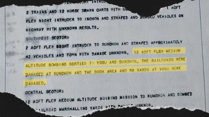 A U.S. Air Force report described the attack mission: “12 aircraft flew medium altitude bombing sorties to Yosu [Yeosu] and Sunchon. The railroads were damaged at Sunchon and the dock area and RR yards at Yosu were damaged.” Credit: U.S. Air Force