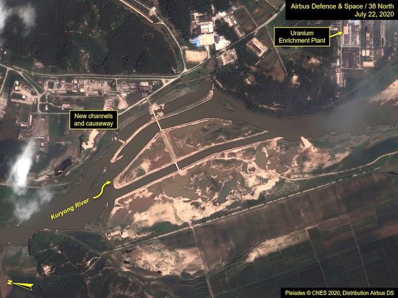 A view of the Yongbyon Nuclear Scientific Research Center on the bank of the Kuryong River in Yongbyon, North Korea, July 22, 2020. By August 6, 2020 the area had become flooded.