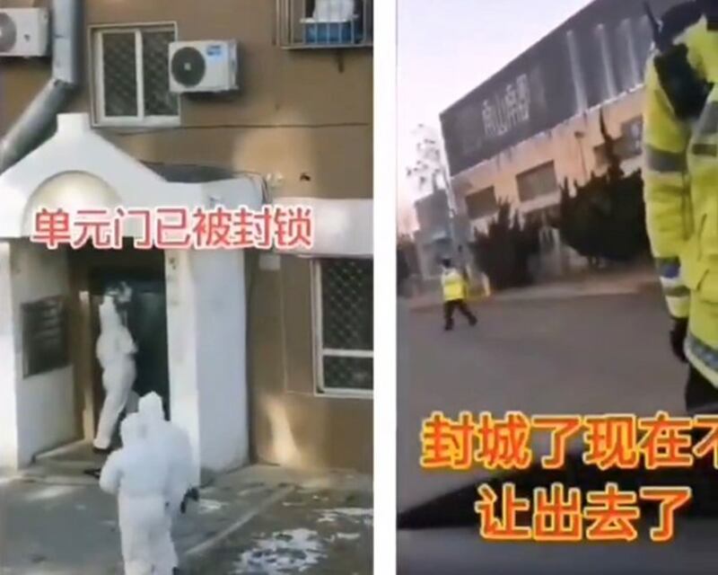 金州封城，就连居民住所大门也被钉子钉死。（视频截图）