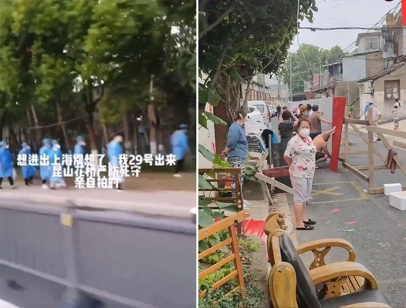 左图：海通往江苏的高速公路两侧已设置警戒线，阻止上海人中途下车进入当地。 右图：上海居民在自主拆除封锁小区的围板。（网络图片）