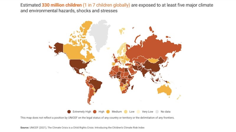 亚洲儿童面临多重气候危机，中国、东南亚各国都属极高风险等级，颜色愈深风险愈高。（截自联合国儿童基金会报告）