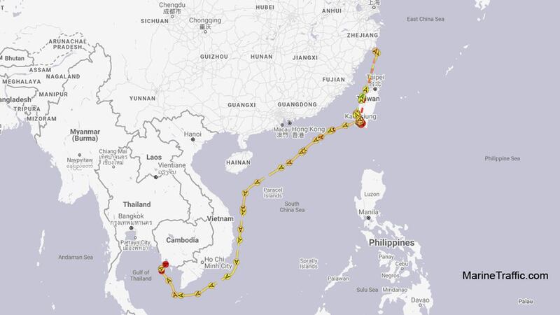 A reconstruction of the path taken by the tanker ship MT Courageous over the past year before it was seized by Cambodian authorities at the port of Sihanoukville on Feb. 28. Cambodia police have said the Courageous encroached on Cambodian waters and is suspected of violating U.N. resolutions for transferring cargo with North Korean ships. The vessel passed by the coast of China's Zhejiang province on Sept 4, 2019. It can also be seen entering and exiting the Taiwanese port of Kaoshsiung around Dec 15. It was finally seized off the southern coast of Cambodia and taken to Sihanoukville.