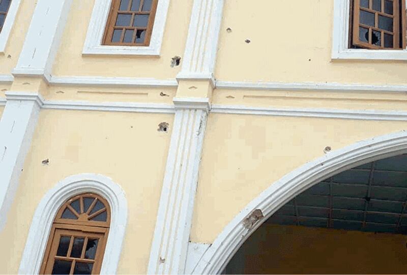 St. Joseph Catholic Church in Demoso township, Kayah state, was damaged by artillery and small arms fire on May 26, 2021, despite pleas a day earlier by Cardinal Charles Maung Bo, the archbishop of the Catholic Church in Myanmar, that troops refrain from attacking the country's religious buildings. Credit: Karenni People's Defense Force