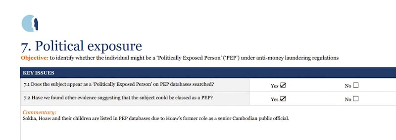 An excerpt from the “background verification report” on Heng Sokha and Ing Bunhoaw prepared by Control Risk at the request of Henley & Partners.