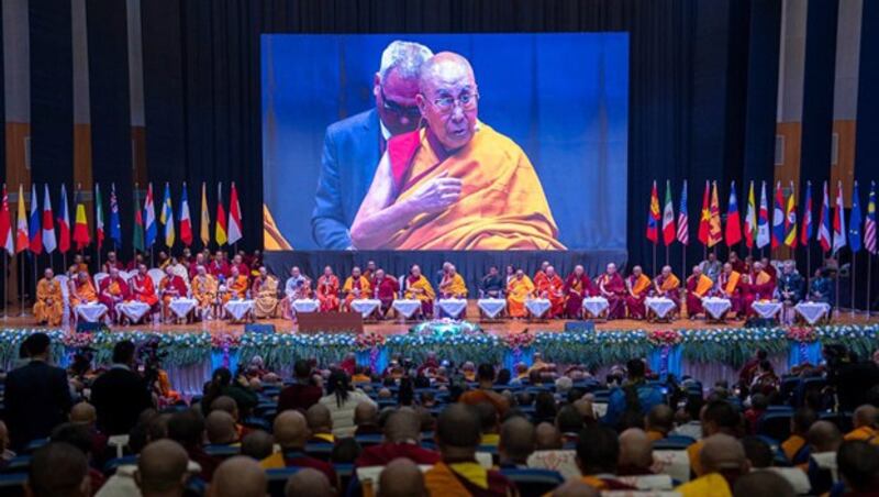 The Dalai Lama speaks at the inaugural ceremony of the first International Sangha Forum in Bodh Gaya in India's Bihar state, Dec. 20, 2023. (The Office of His Holiness the Dalai Lama)