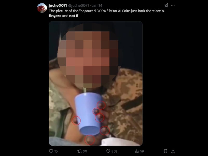 An X user claimed that the video of a North Korean soldier captured in Kursk had been digitally manipulated. Part of the image has been blurred by RFA.