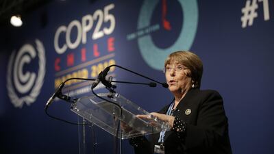 In this Dec. 9, 2019 file photo, U.N. High Commissioner for Human Rights Michelle Bachelet speaks at the COP25 Climate summit in Madrid, Spain. 