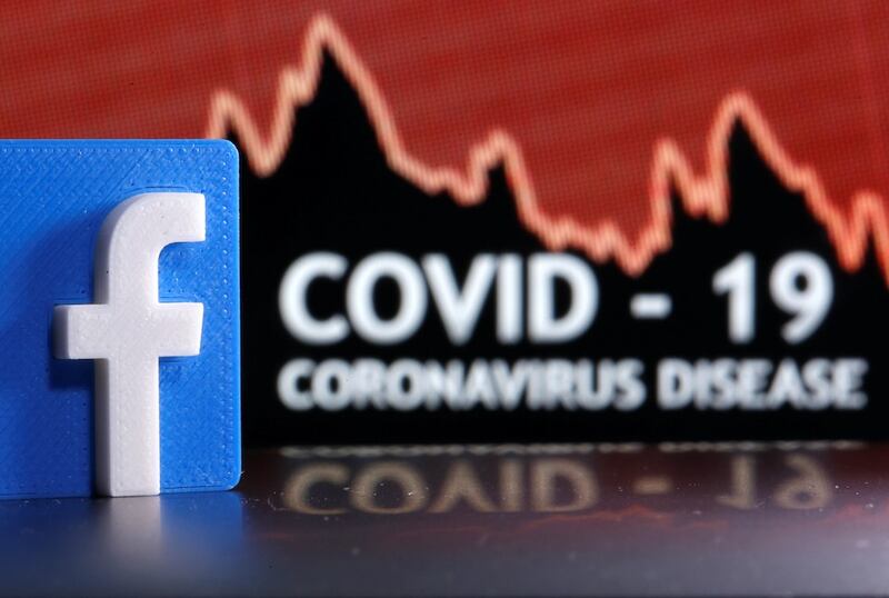 Hình minh hoạ. Logo của Facbook và dòng chữ về dịch bệnh COVID-19