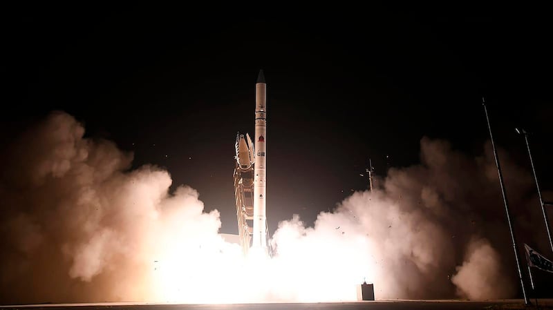 An Ofek-16 spy satellite blasts off from the Palmachim air base in central Israel, July 6, 2020. Credit: Israel Ministry of Defense Spokesperson's Office via AP