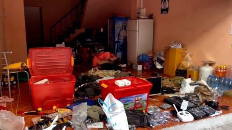 A room in the buildings in Mae Sot that were raided by Thai authorities had military equipment, drones and uniforms, Wednesday, March 22, 2023. Credit: Citizen journalist