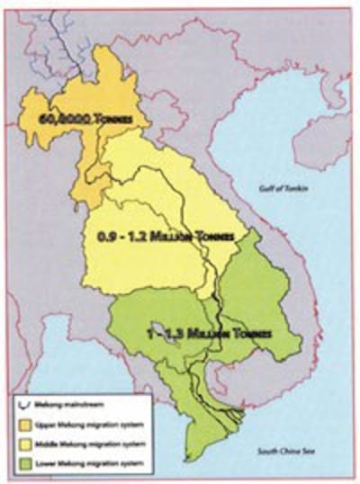 Lượng cá lưới bắt khoảng 3 triệu tấn một năm trong Lưu Vực Dưới Sông Mekong [nguồn: MRC 09-2008] 