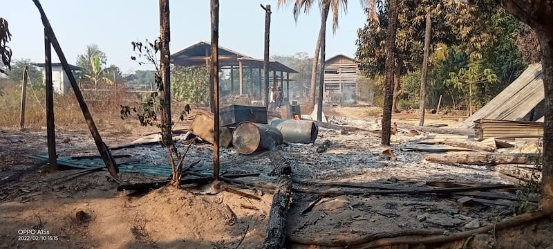 The remains of homes burned by the military in Maukkadaw village in Sagaing region's Mingin township, Feb. 10, 2022. RFA