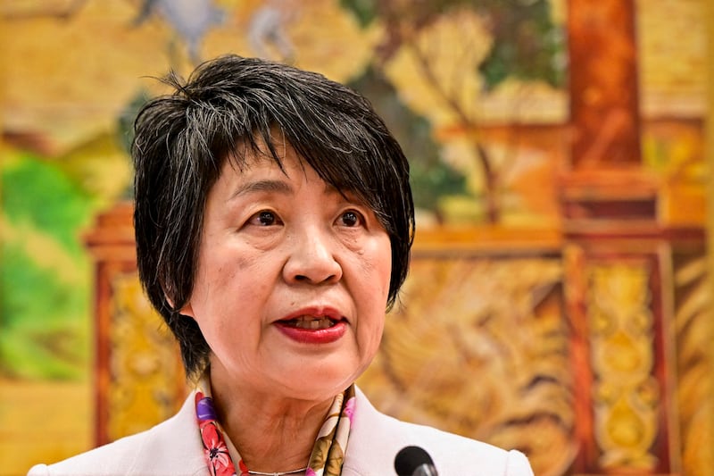 Japan's Foreign Minister Yoko Kamikawa speaks during a press conference, May 4, 2024 in Colombo. Kamikawa expressed her condolences during a press conference Friday, June 28, 2024 stating, “Ms. Hu Youping stepped forward regardless of her own safety and prevented the Japanese students on the school bus from being harmed. I would like to express my sincere gratitude and respect for this heroic act and express my deep condolences.” (Ishara S.Kodikara/AFP)