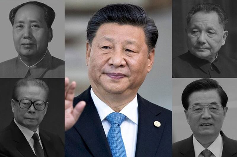 Historic CCP leaders, clockwise from upper left: Mao Zedong, Xi Jinping, Deng Xiaoping, Hu Jintao and Jiang Zemin. Credit: RFA