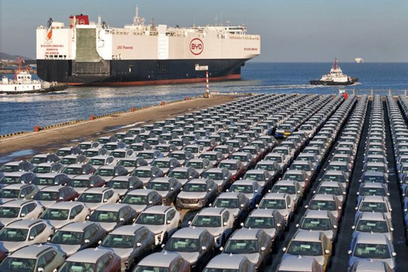 Electric cars for export wait to be loaded on the BYD Explorer No. 1, a domestically manufactured vessel intended to export Chinese automobiles, at Yantai port in eastern China's Shandong province, Jan. 10, 2024. (AFP)