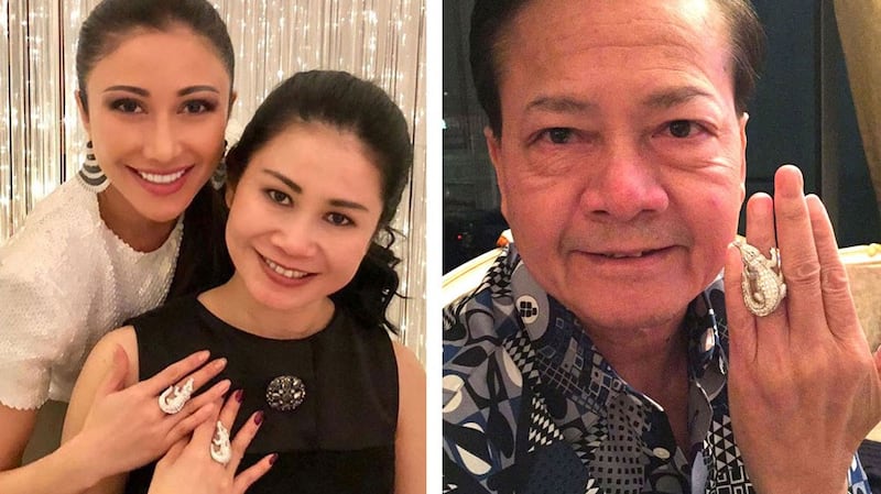 LEFT: Hun Kimleng (R) and her younger sister Hun Chantha show off their rings in a photo posted by Chantha on Instagram in January 2018 with the hashtag #welovecrocodiles. RIGHT: Neth Savoeun sporting a similar style of crocodile ring in a photo leaked in 2017.