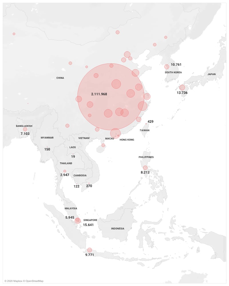 A map shows the latest numbers of confirmed COVID-19 cases throughout Asia as of April 29, 2020.