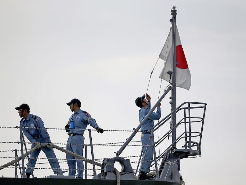 Japan's Maritime Self-Defense Forces' members, aboard the Japanese warship JS Samidare, dock at Tanjung Priok port in Jakarta, Indonesia, May 8, 2019.