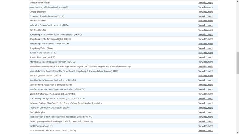 在三十个向联合国提交香港经社文情况报告的团体中，至少有十五个都是亲北京团体，他们的报告纷纷唱好《港区国安法》。 （联合国官网截图）