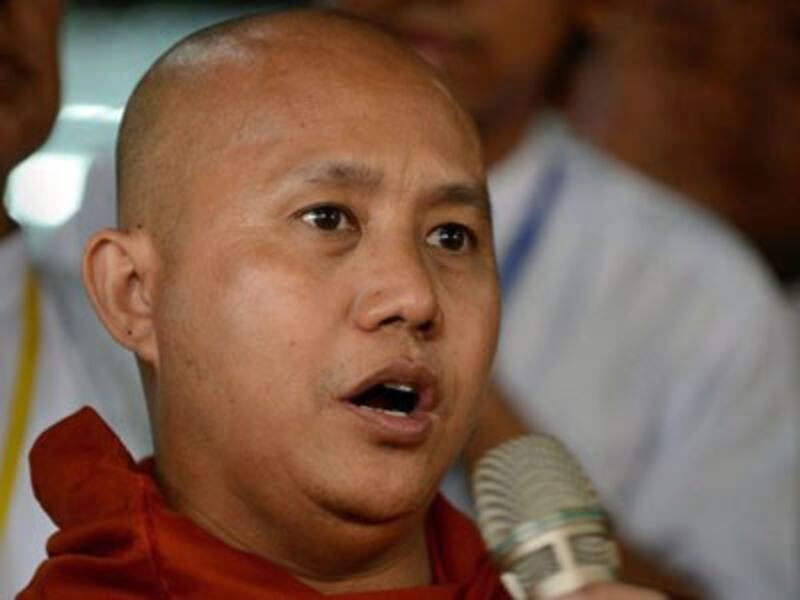 Myanmar monk Wirathu of the ultranationalist Buddhist group Ma Ba Tha speaks to followers at a monastery on the outskirts of Yangon, June 4, 2016.