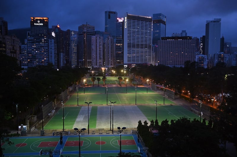 A view of a deserted Victoria Park in the Causeway Bay district of Hong Kong on June 4, 2022, the venue where Hong Kongers have traditionally gathered to mourn victims of China's 1989 Tiananmen Square massacre, on the 33rd anniversary of the event. Credit: AFP