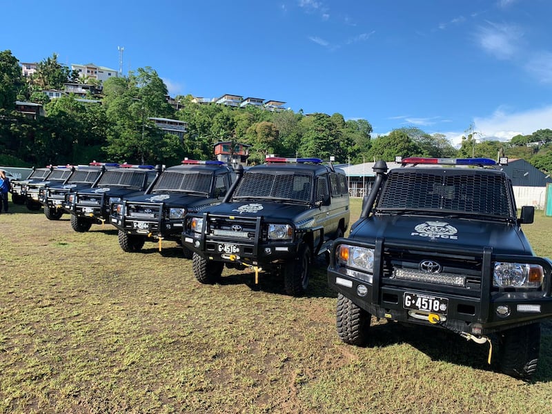 Vehicles donated by Australia to the Solomon Islands police force on display at a handover ceremony in the Solomon Islands capital Honiara on November 2, 2022. Credit: Australian High Commission handout