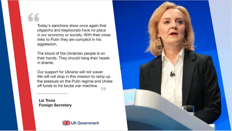 英国外相特拉斯（Liz Truss）在声明中，直指被制裁富豪是普京的同谋。（特拉斯推特截图）