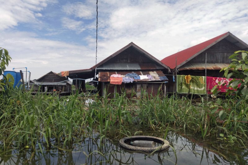 Homes are inundated by floodwaters at Inle Lake in Myanmar's southern Shan state following Typhoon Yagi, Sept. 14, 2024. (STR/AFP)