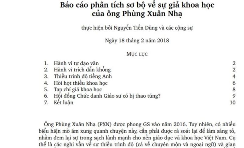 Báo cáo của Giáo sư Nguyễn Tiến Dũng về sự giả khoa học của Bộ trưởng Phùng Xuân Nhạ