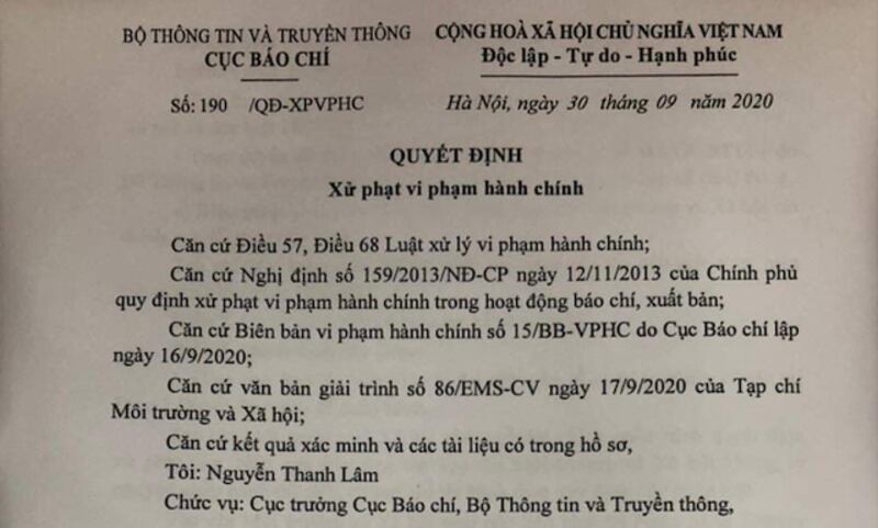 Quyết định xử phạt hành chính đối với tạp chí Môi trường và Xã hội vì thông tin sai về Bí thư Tỉnh uỷ Đắk Lắk.