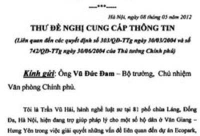 Thư đề nghị cung cấp thông tin của LS Trần Vũ Hải/Liên quan đến các quyết định số 303/QĐ-TTg ngày 30/3/2004 và số 742/QĐ-TTg ngày 30/6/2004 của Thủ tướng Chính phủ (blog NXDien)