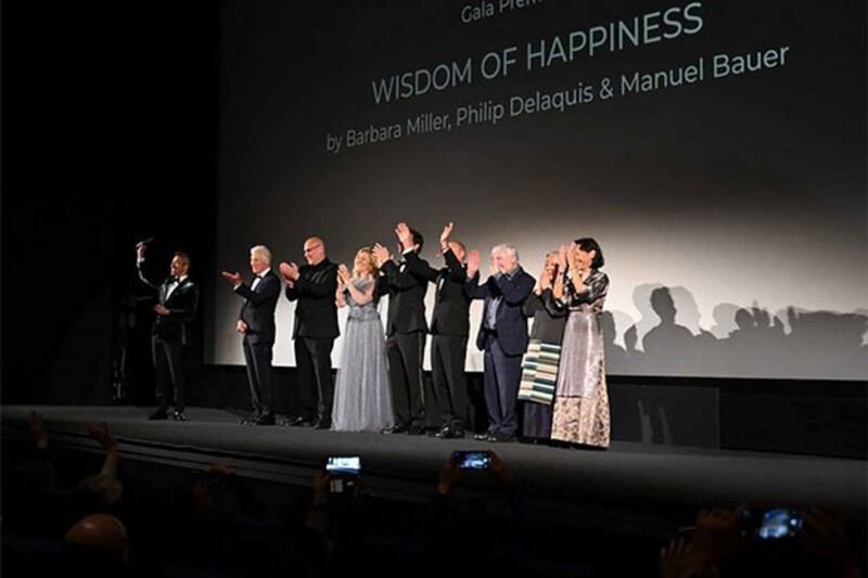 Filmmakers and Jetsun Pema (2nd from R), the younger sister of the Dalai Lama, celebrate the premiere of 'Wisdom of Happiness' at the Zurich Film Festival in Zurich, Switzerland, Oct. 8, 2024. (Nyishon via Tibet.net)