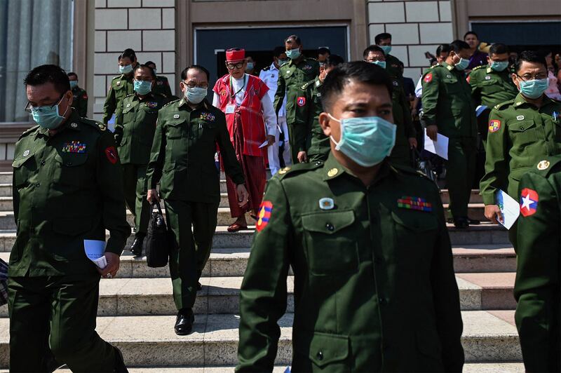 Military officers appointed to Myanmar's parliament as per military-written constitution leave after a session in Naypyidaw, March 10, 2020. (Ye Aung Thu/AFP)