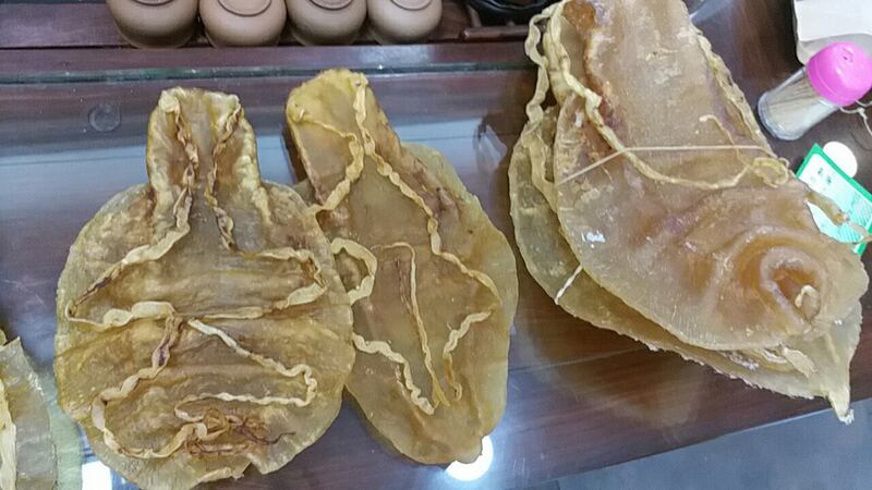 Dried swim bladders of endangered totoaba fish, which despite an international ban on trade are still available at a traditional medicine shop in Guangzhou, capital of China's southern Guangdoing province, March 1, 2018. 