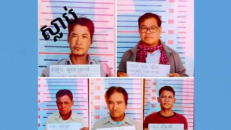 A military police handout shows the five villagers from Banteay Meanchey province who were detained and beaten on Dec. 29, 2019 after taking part in a land dispute protest, causing the death of Tuy Sros (top L) and serious injuries to the four others.