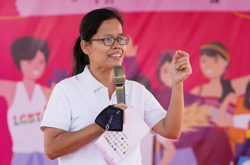 Chok Sopheap, then-executive director of the Cambodian Center for Human Rights, delivers a speech to mark International Women's Day, March 8, 2023, in Phnom Penh.