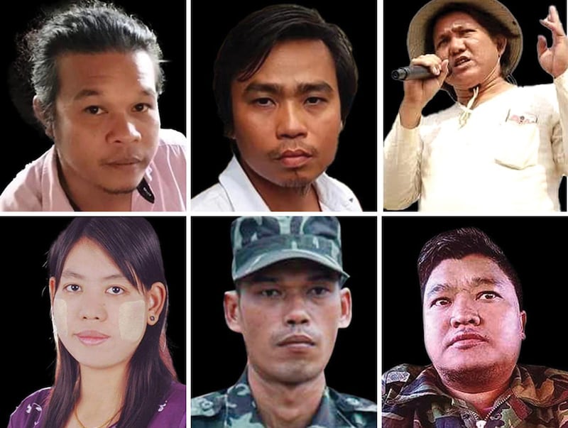 Six Myanmar poets have been killed by the Myanmar since the 2021 coup. They are, clockwise from top left: A Sai K, K Za Win, Khet Thi, Ko Yin Awe, Maung Po and Kyi Lin Aye. (Citizen journalist)