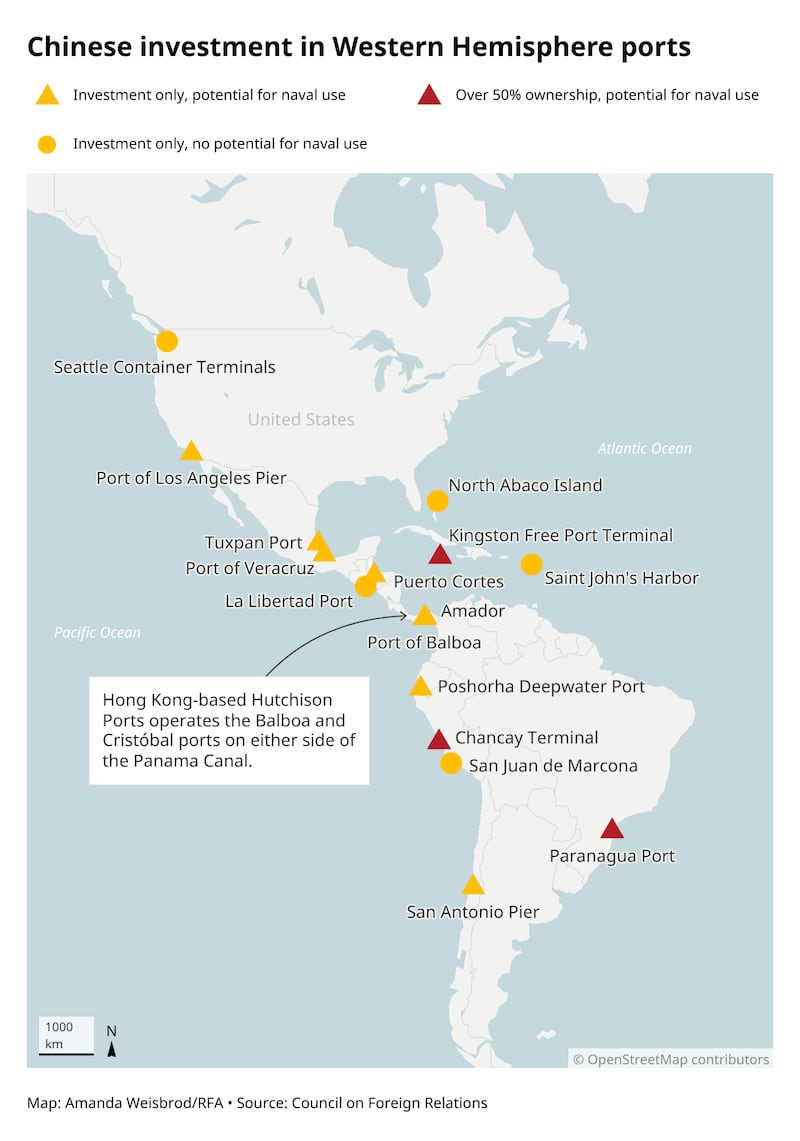 Map showing ports in North and South America that are partially owned by or receive investments from China.